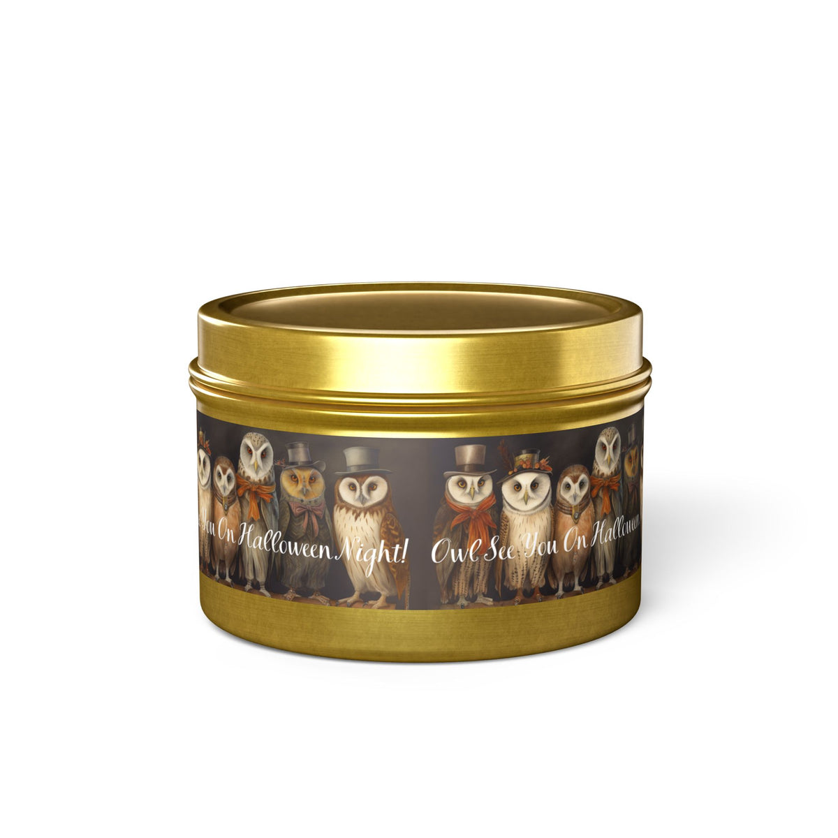 Owl See You on Halloween Night! Tin Candle. A Wise Glow for Spooky Nights. Available in 2 sizes, 3 finishes, and 5 scents.