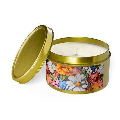 Chic Floral Tin Candle. Blooms That Travel Well. Available in 2 sizes, 3 finishes, and 5 scents.