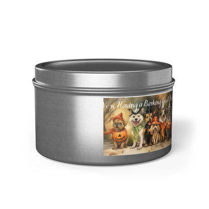We're Having a Barking Good Halloween! Tin Candle. Spooky Treats in a Tin. Available in 2 sizes, 3 finishes, and 5 scents.