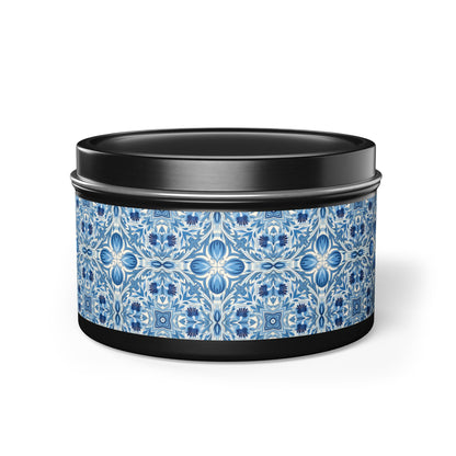 Dutch Blue Tile Tin Candle. Delft Calm, Travel Size. Available in 2 sizes, 3 finishes, and 5 scents.
