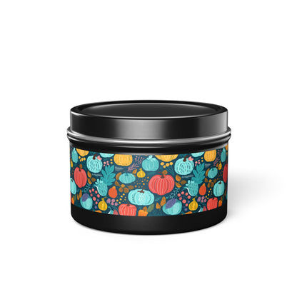 Fall Pumpkin Dance Tin Candle. Autumn's Dance in a Tin. Available in 2 sizes, 3 finishes, and 5 scents.
