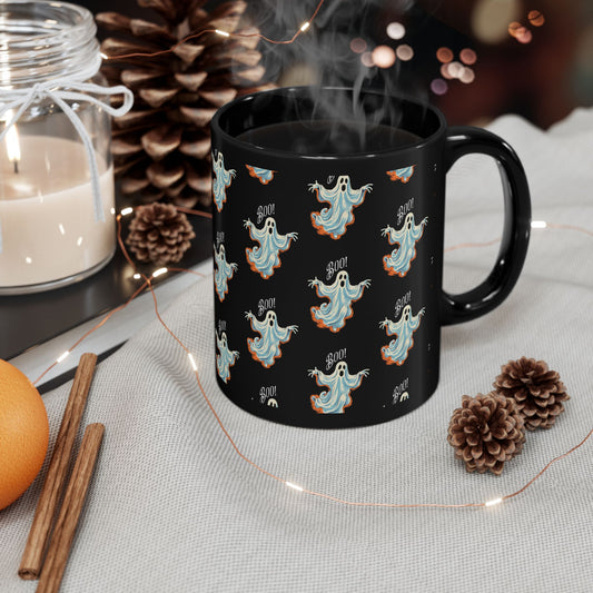 Boo! Chic Retro Ghost Halloween Black Mug - 11oz, 15oz - Sip in Spooky Style with a Retro Twist!