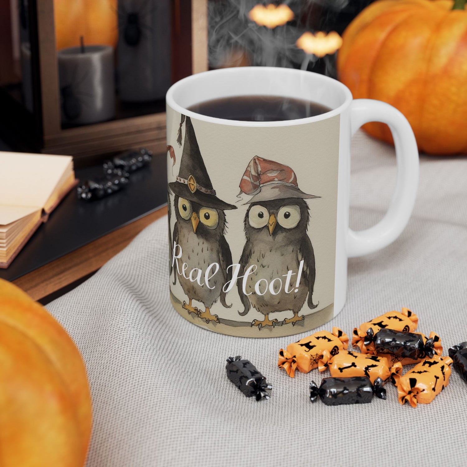 Vintage Halloween Ceramic Mug - 11 oz. - Halloween is a Real Hoot! - Perfect Mug for Owl Lovers and Halloween Fans. Too Cute! (Whoo...Whoo...)