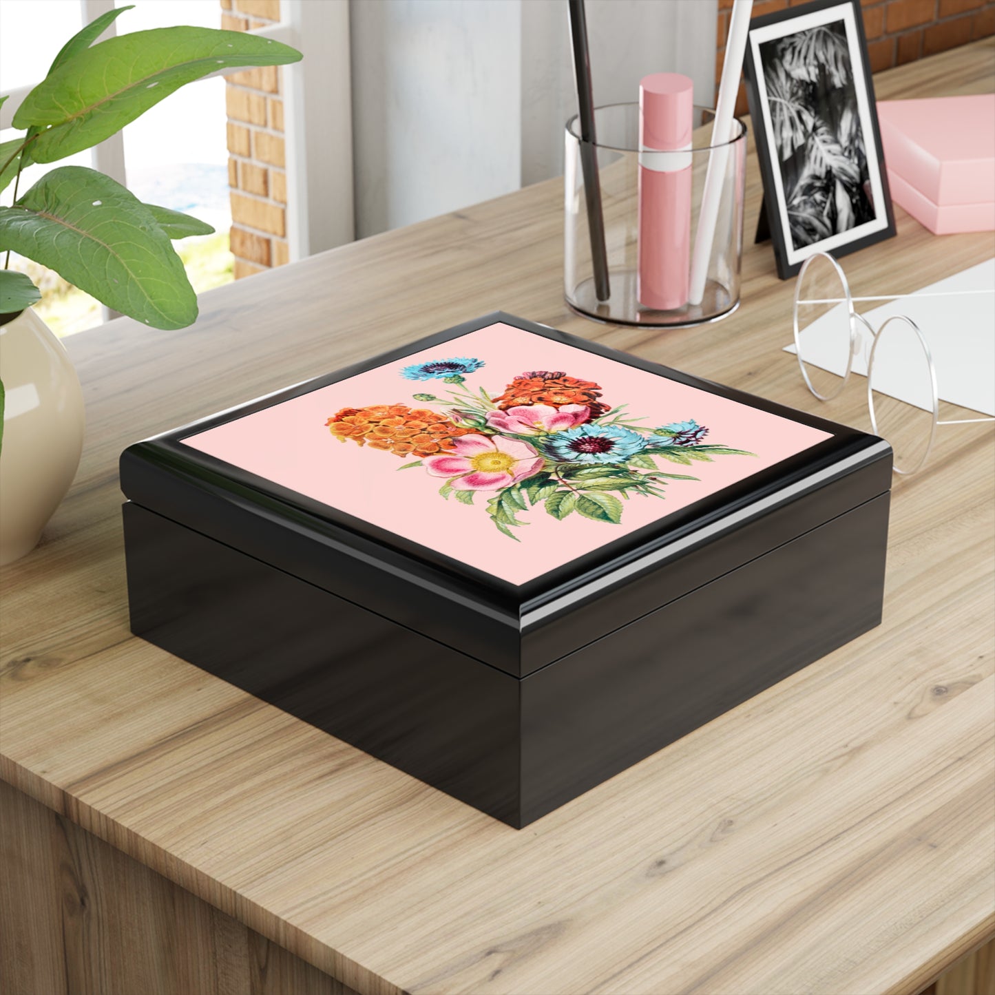 Vintage Botanical Floral Jewelry Box - Felt-Lined Rubberwood Keepsake Box with Glossy Printed Lid