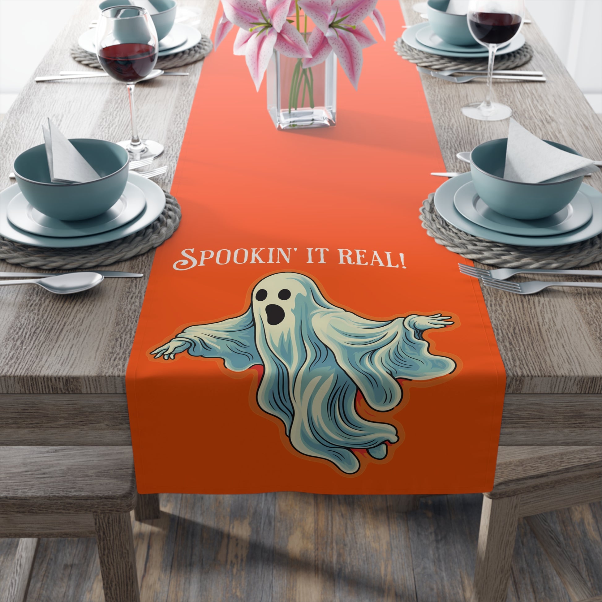 Spookin' It Real! Orange Halloween Table Runner - Serve up some spooky fun with retro charm! Available in 2 Sizes.