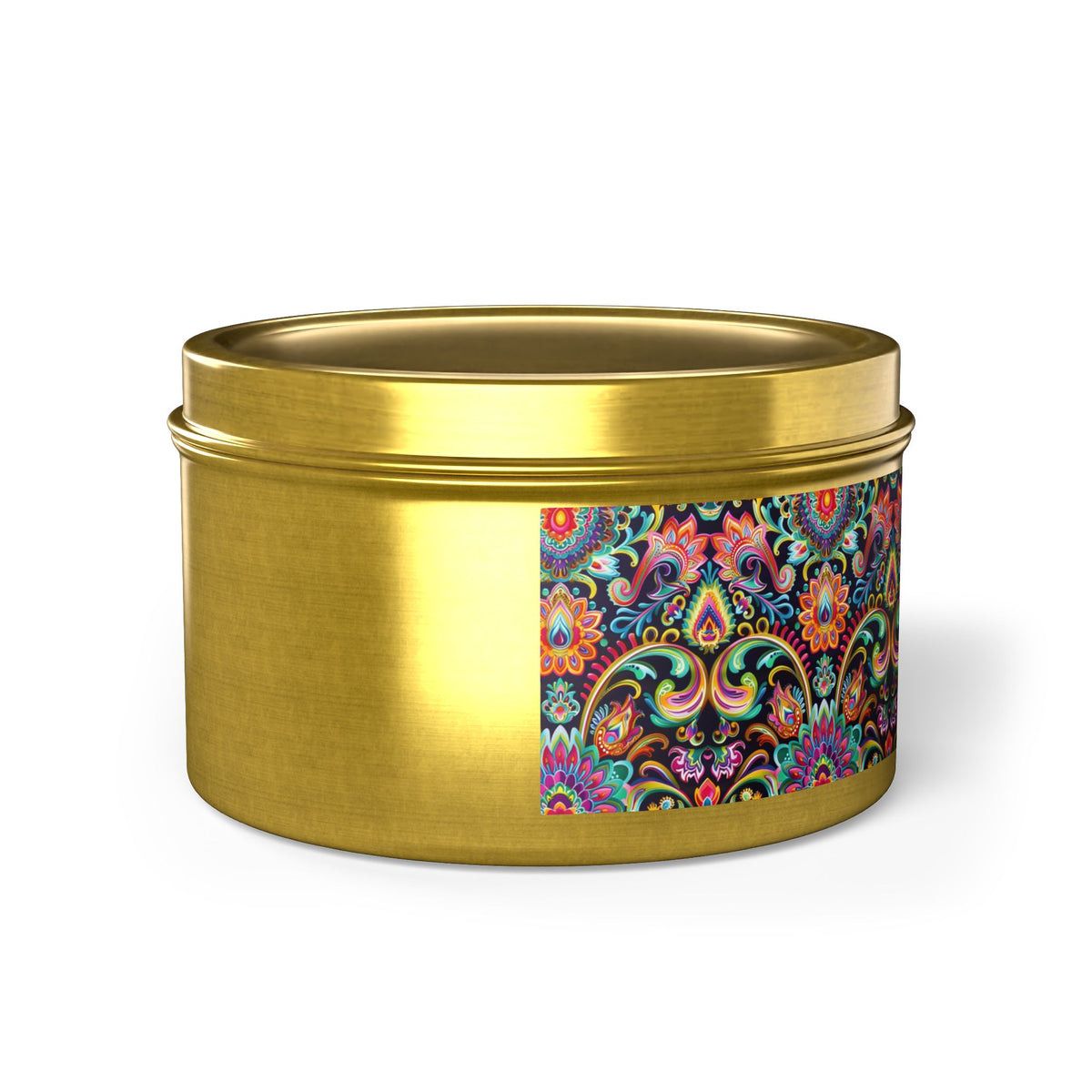 Electric Damask Tin Candle. Timeless Scrollwork, Electric Soul. Available in 2 sizes, 3 finishes, and 5 scents.