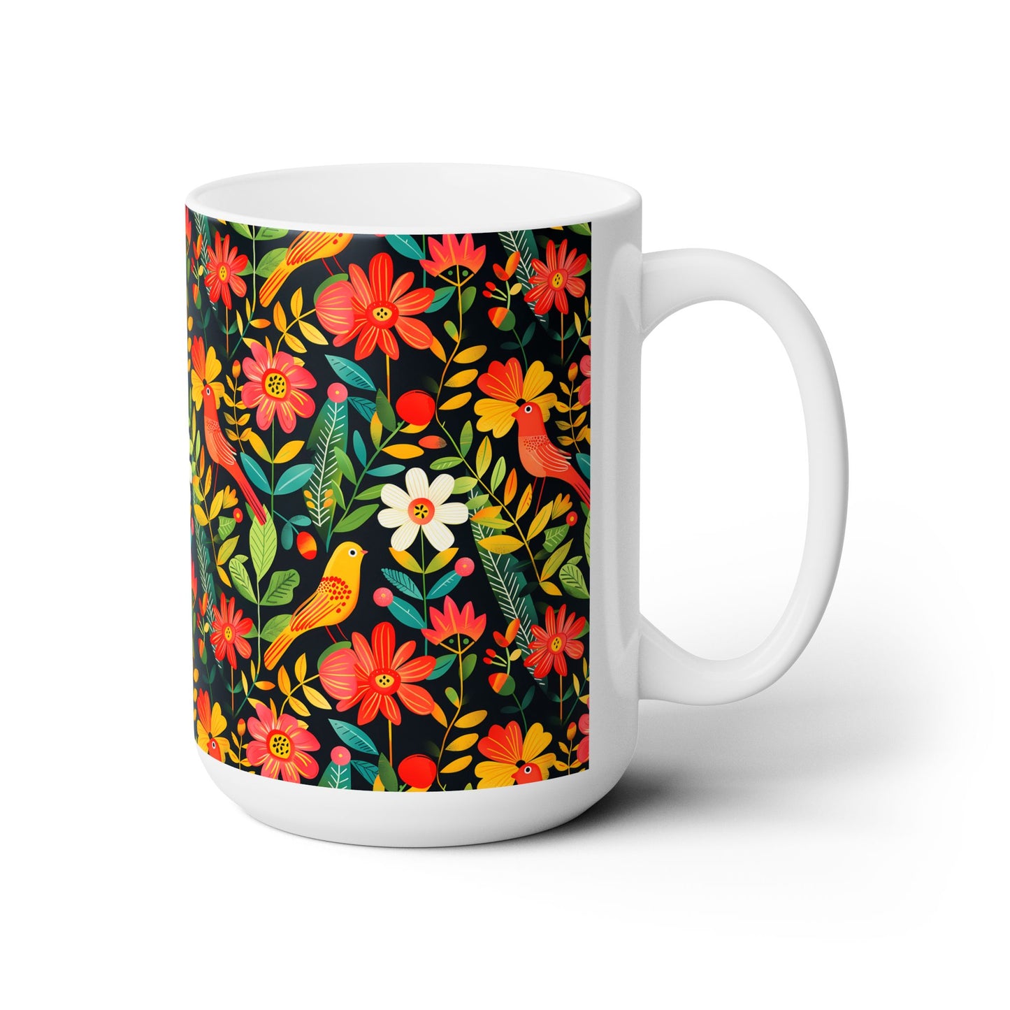 Blooming Bird Wonderland Ceramic Mug - 15 oz. - Glossy White Ceramic - Microwave & Dishwasher Safe.