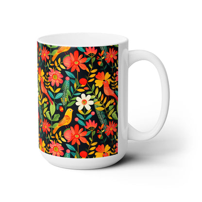 Blooming Bird Wonderland Ceramic Mug - 15 oz. - Glossy White Ceramic - Microwave & Dishwasher Safe.