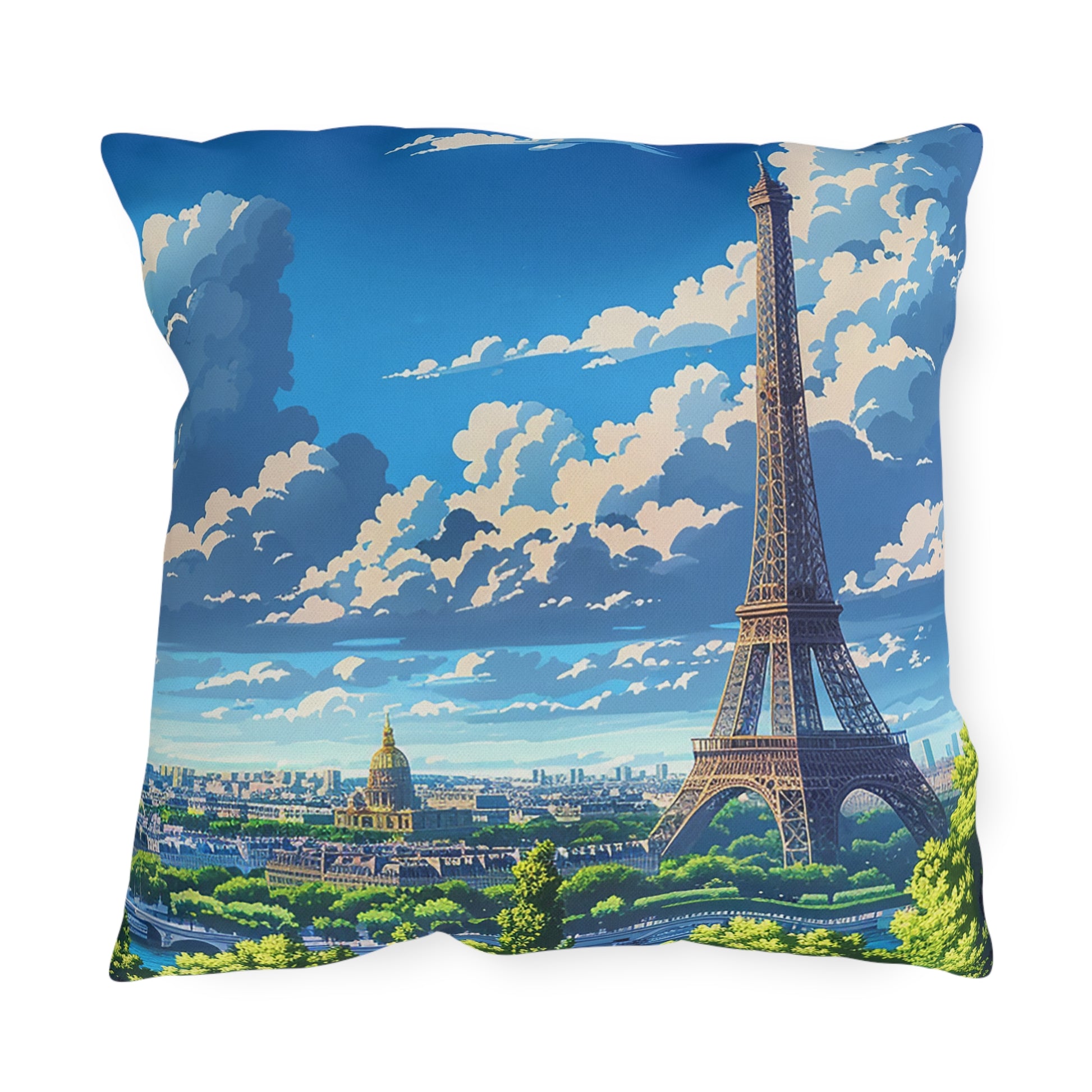 Parisian Eiffel Tower Dreamscape Square Outdoor Pillow - Spun Polyester - Double-Sided Print - UV-Resistant - Water-Resistant - Available in 3 sizes.