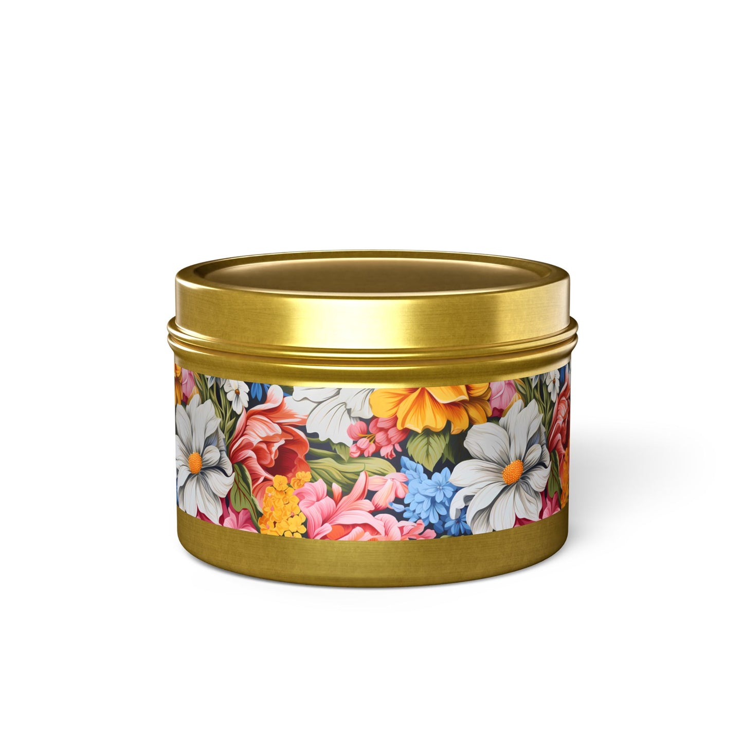 Chic Floral Tin Candle. Blooms That Travel Well. Available in 2 sizes, 3 finishes, and 5 scents.