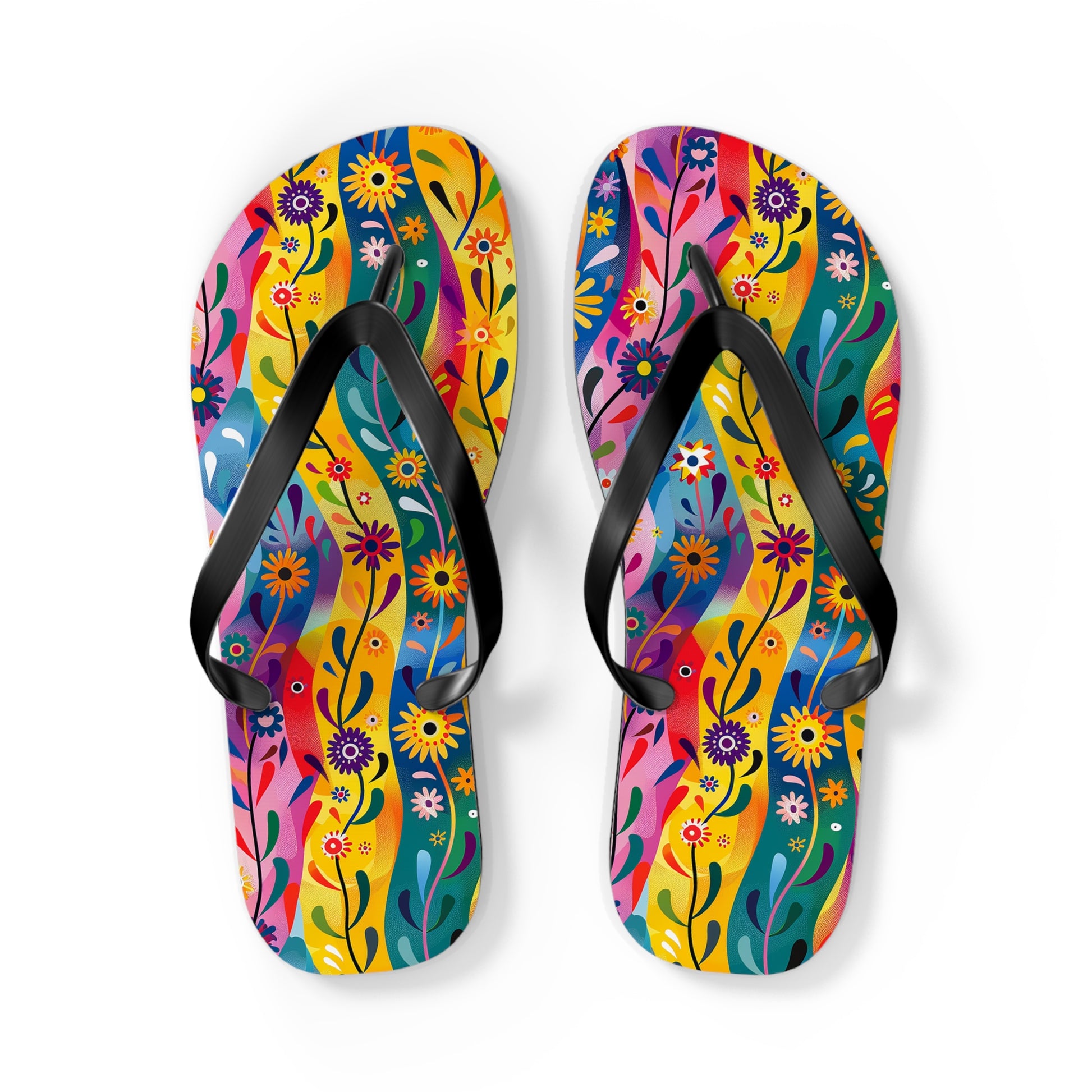 Floral Rhythms Flip Flops. 5/8" Thick Comfortable Summer or Winter Gym/Sauna Footwear for Men and Women.