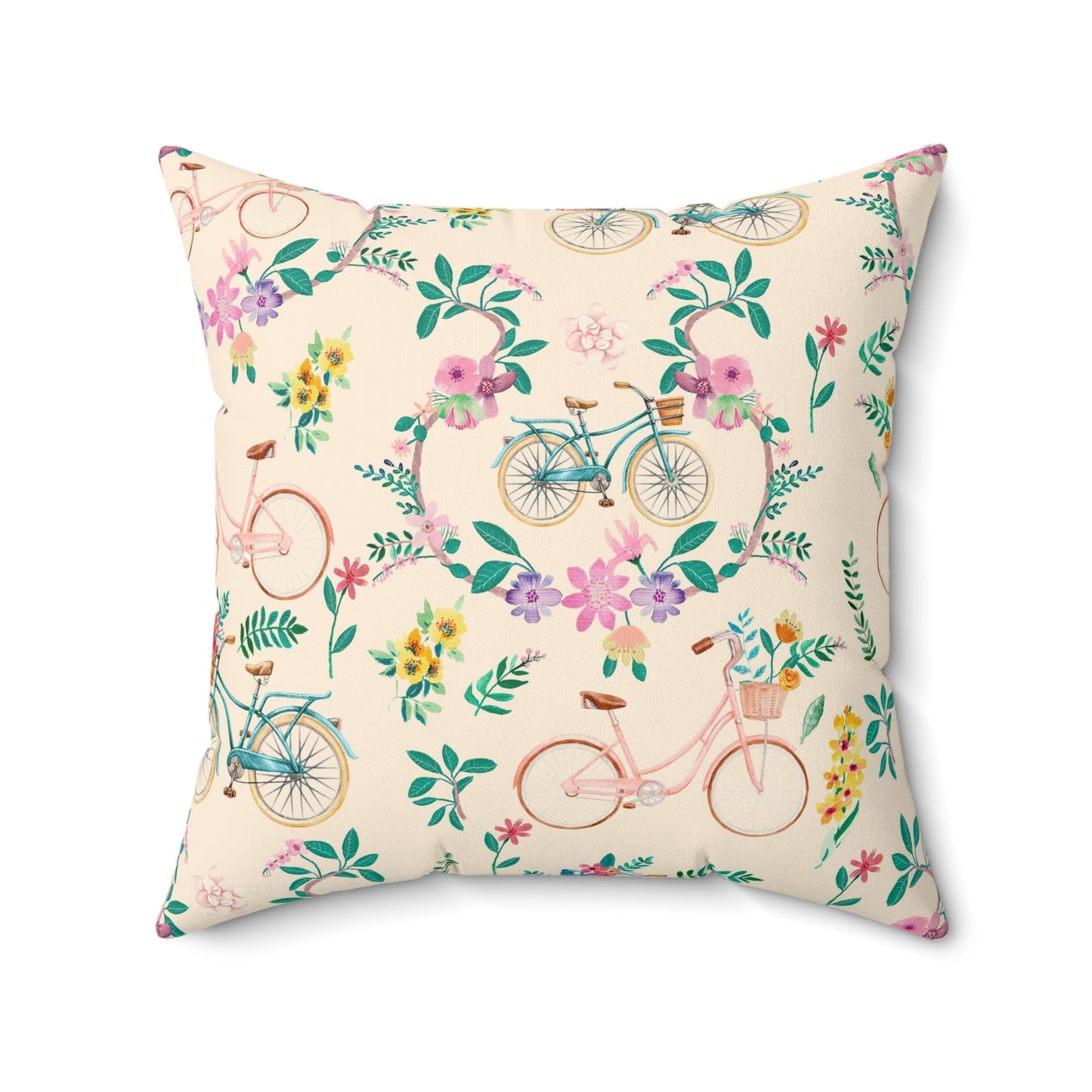 Spring Bicycle Square Throw Pillow - Spun Polyester - Double-Sided Print - Concealed Zipper - Available in 4 sizes