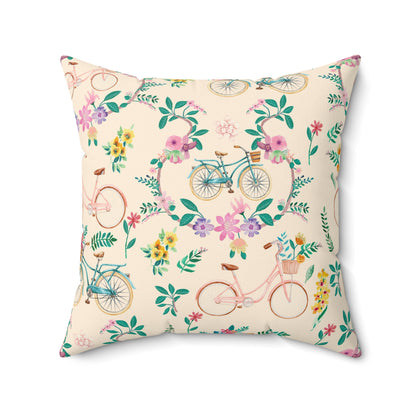Spring Bicycle Square Throw Pillow - Spun Polyester - Double-Sided Print - Concealed Zipper - Available in 4 sizes