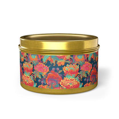 Psychedelic Flower Power Tin Candle. Far-Out Fragrance in a Tin. Available in 2 sizes, 3 finishes, and 5 scents.