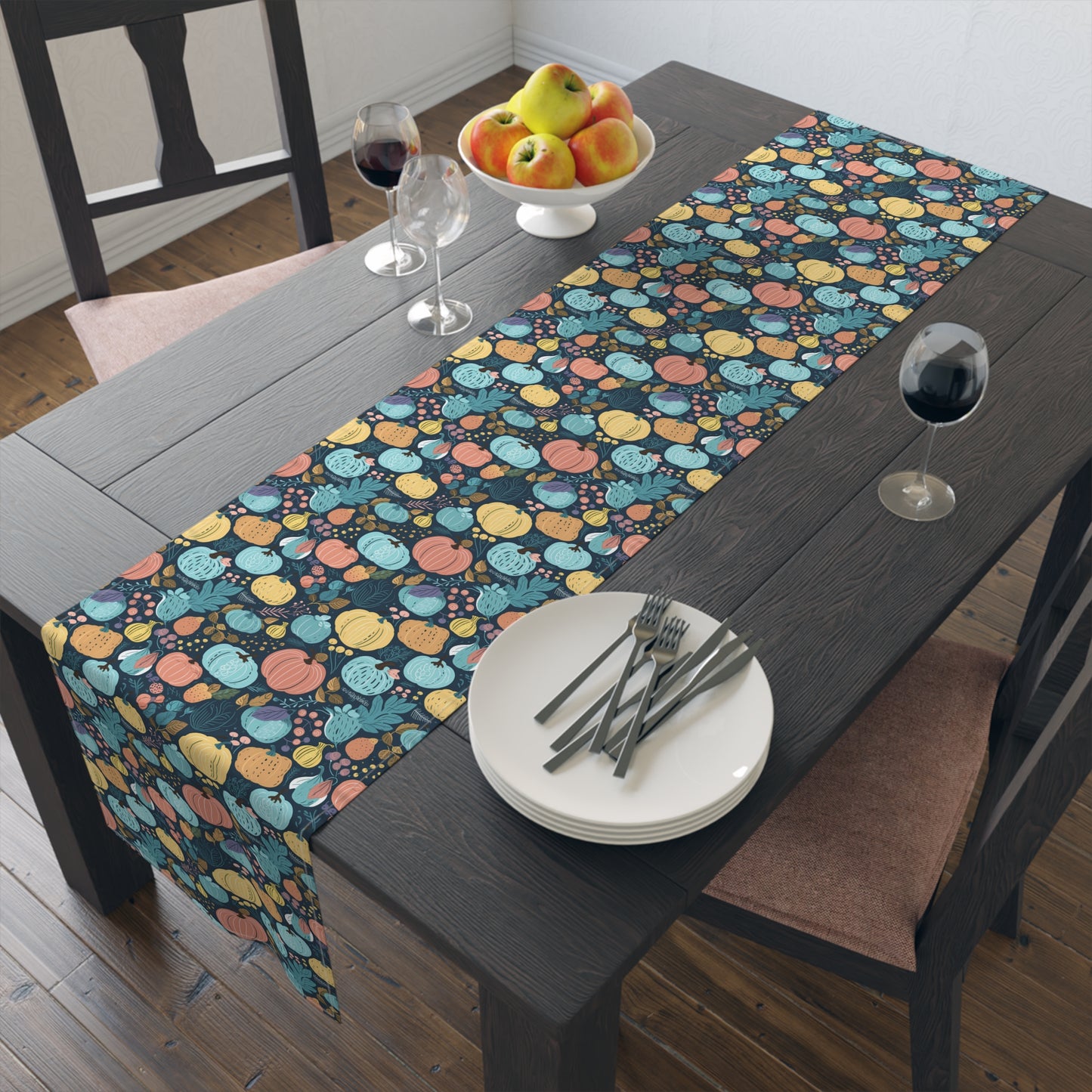 Fall Pumpkin Dance Table Runner - Cotton Twill - Available in 2 sizes: 16" x 72" and 16" x 90".