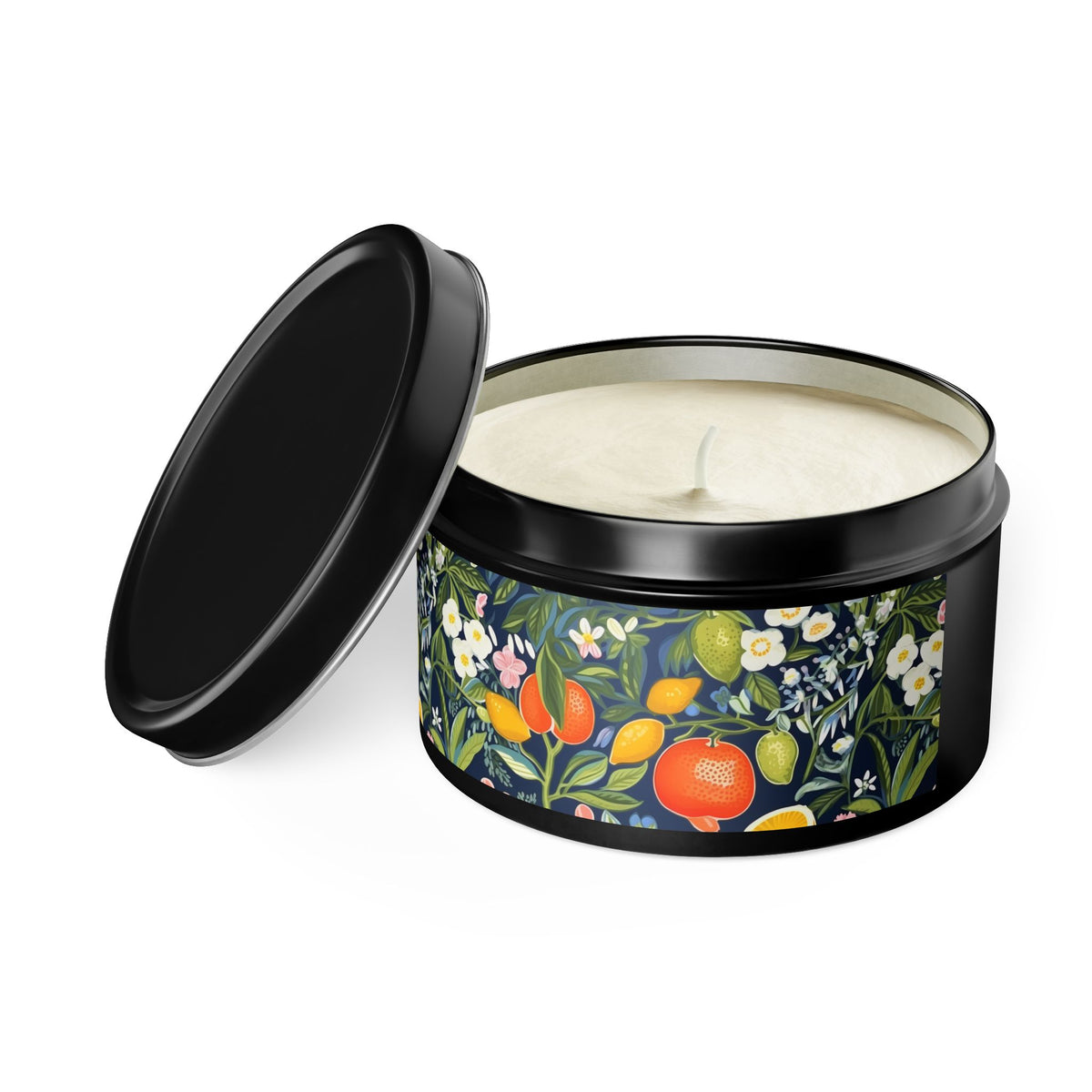 Magical Fruitiness Tin Candle. A Fruit-Splashed Flicker. Available in 2 sizes, 3 finishes, and 5 scents.