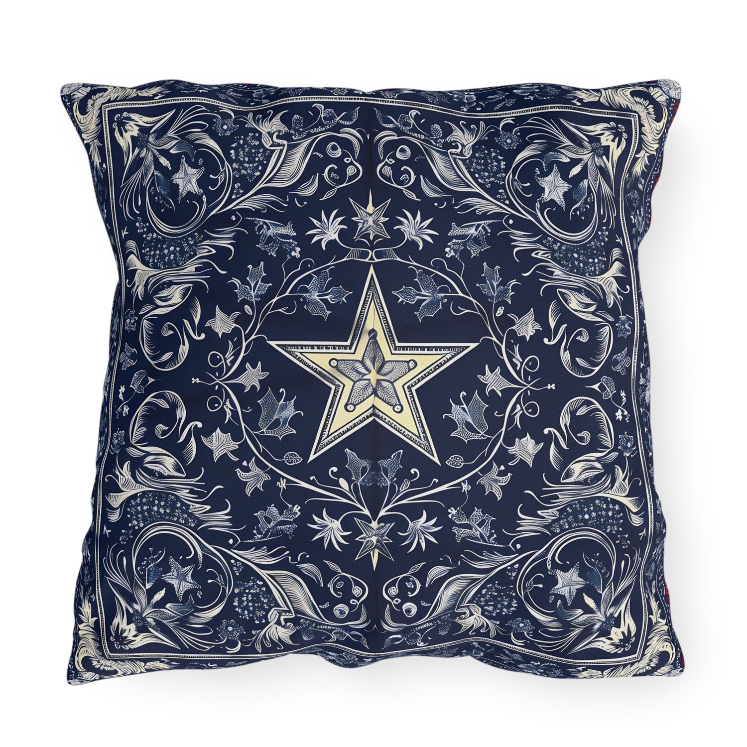 Western Blue Scarf Square Outdoor Pillow - Spun Polyester - Double-Sided Print - UV-Resistant - Water-Resistant - Available in 3 sizes.