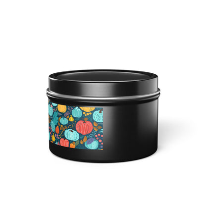 Fall Pumpkin Dance Tin Candle. Autumn's Dance in a Tin. Available in 2 sizes, 3 finishes, and 5 scents.