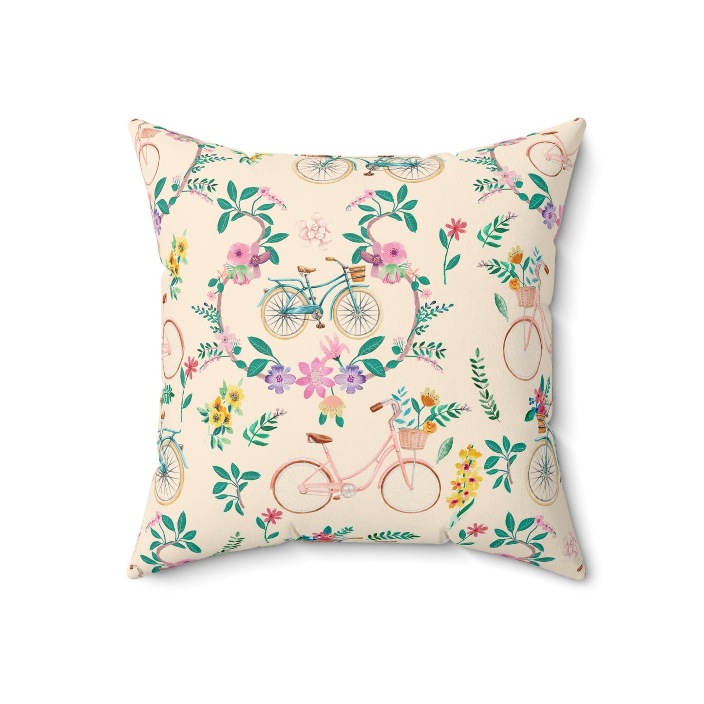 Spring Bicycle Square Throw Pillow - Spun Polyester - Double-Sided Print - Concealed Zipper - Available in 4 sizes