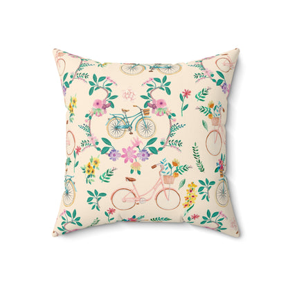 Spring Bicycle Square Throw Pillow - Spun Polyester - Double-Sided Print - Concealed Zipper - Available in 4 sizes