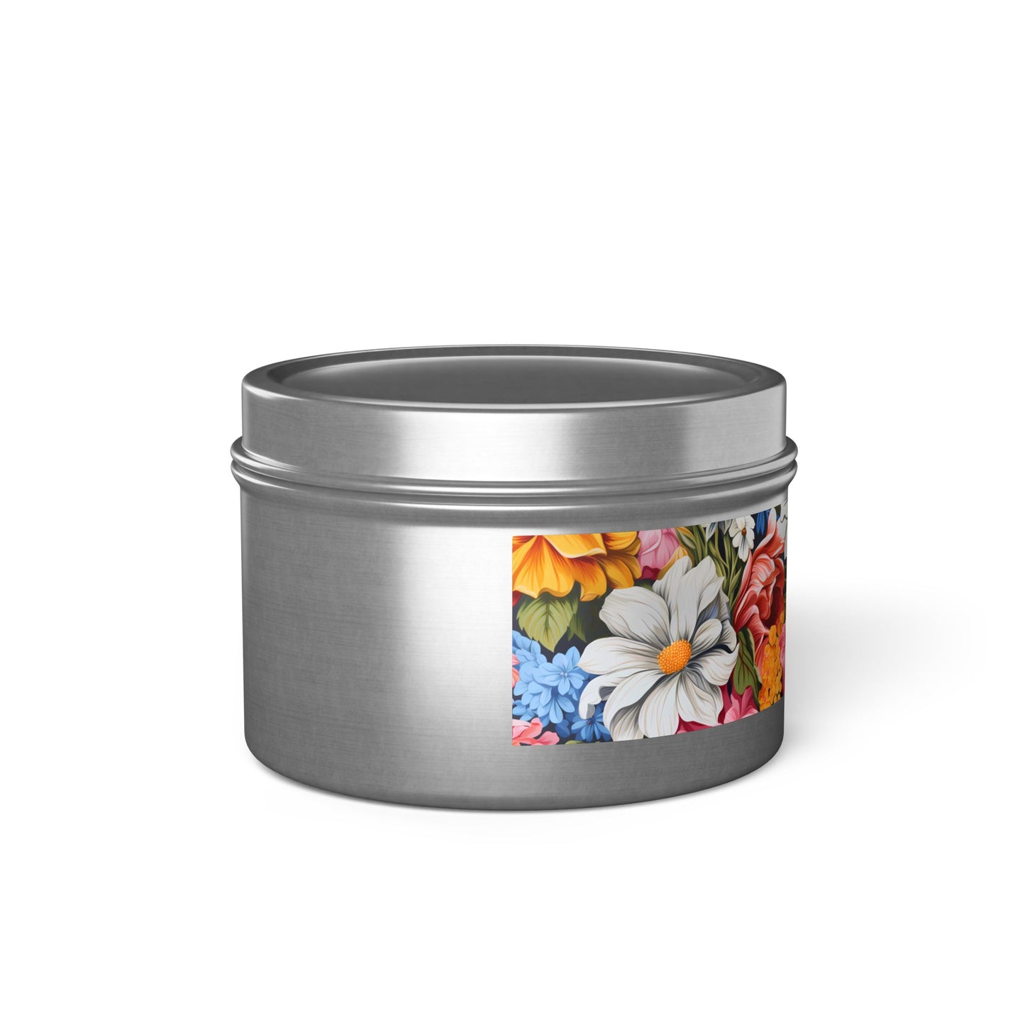 Chic Floral Tin Candle. Blooms That Travel Well. Available in 2 sizes, 3 finishes, and 5 scents.