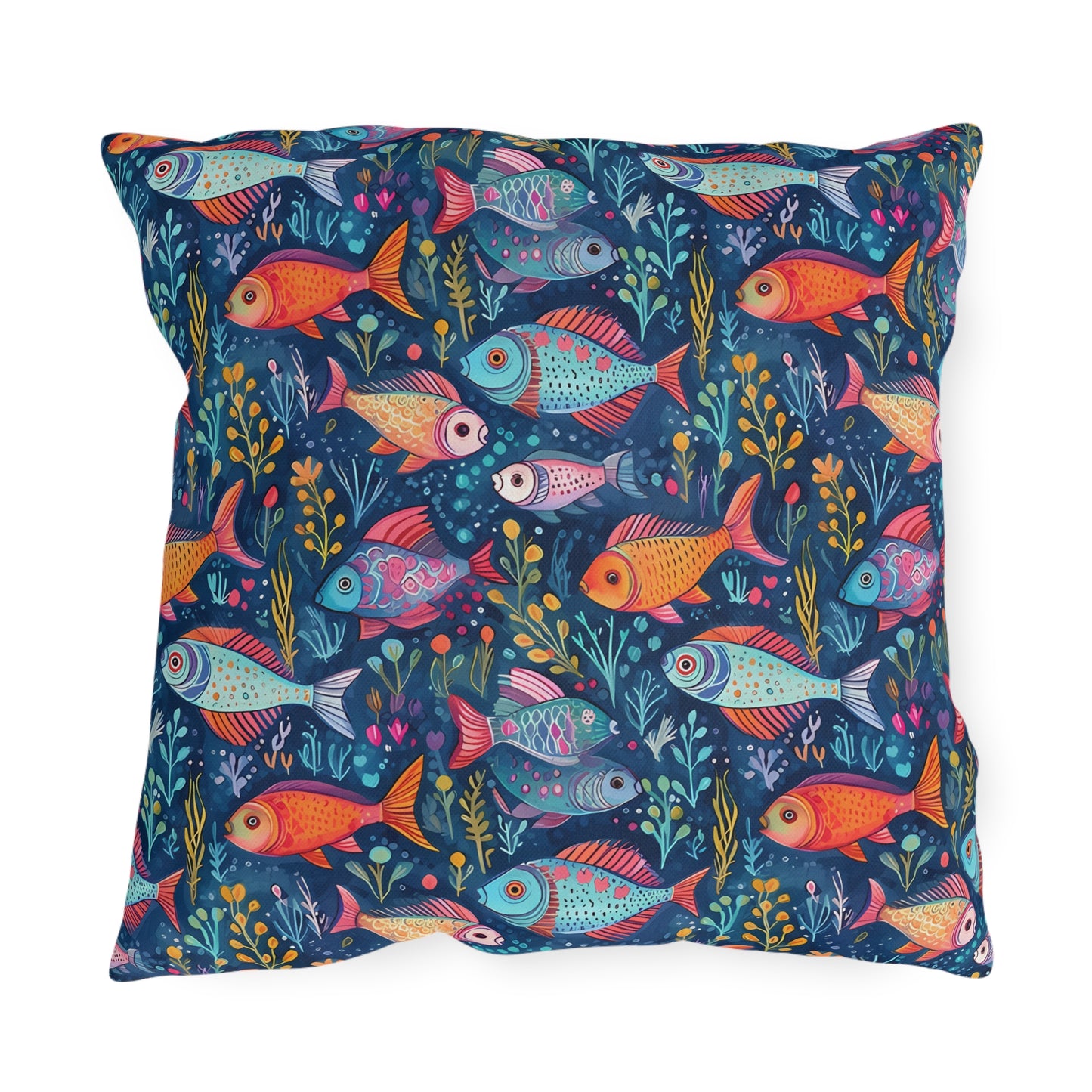 Fun Fish Square Outdoor Pillow - Spun Polyester - Double-Sided Print - UV-Resistant - Water-Resistant - Available in 3 sizes.
