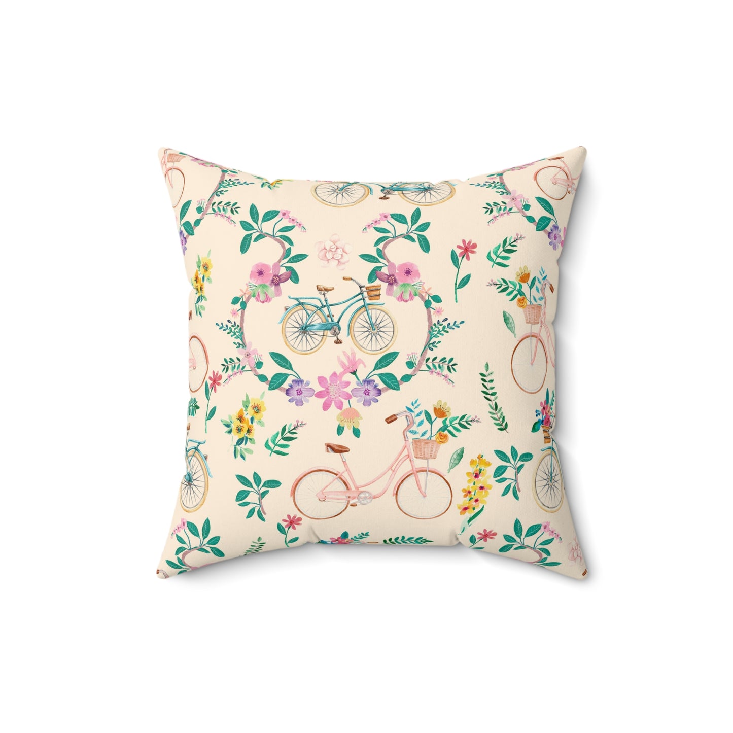 Spring Bicycle Square Throw Pillow - Spun Polyester - Double-Sided Print - Concealed Zipper - Available in 4 sizes