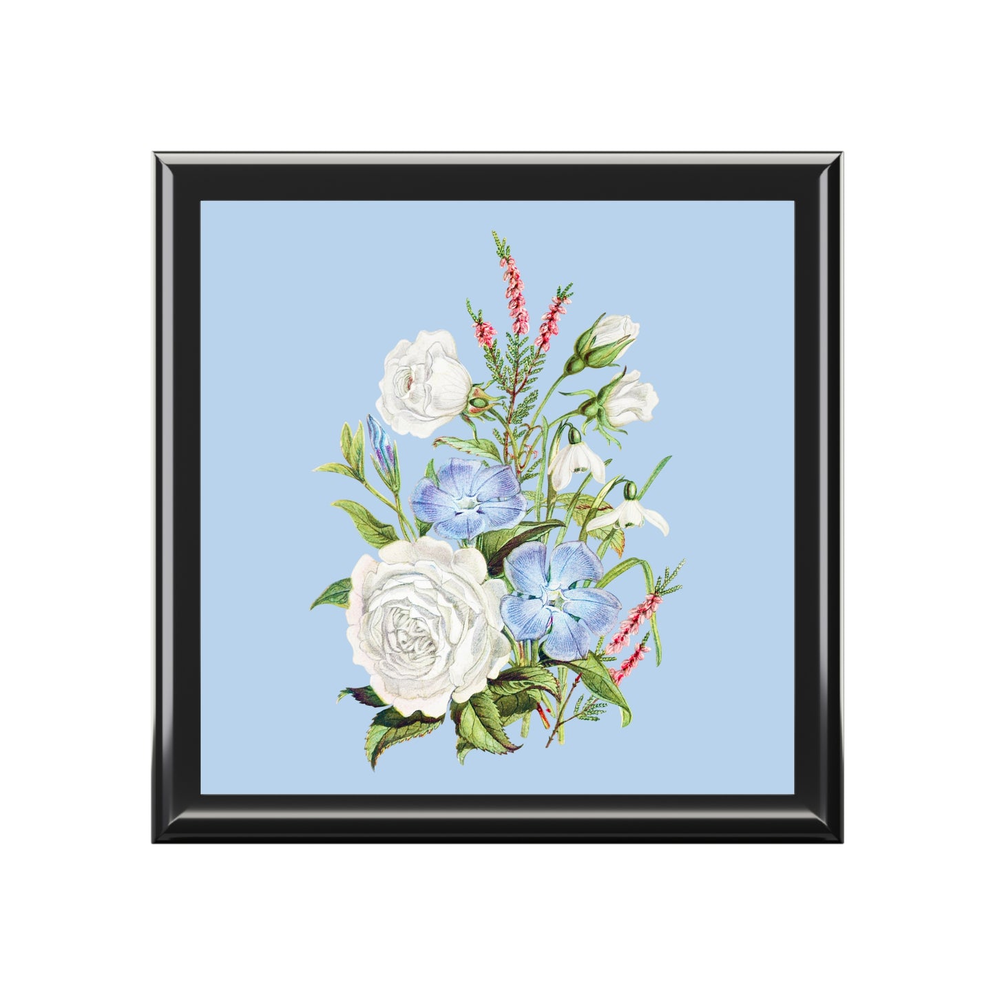 Vintage White & Blue Blossoms Jewelry Box - Felt-Lined Rubberwood Keepsake Box with Glossy Printed Lid