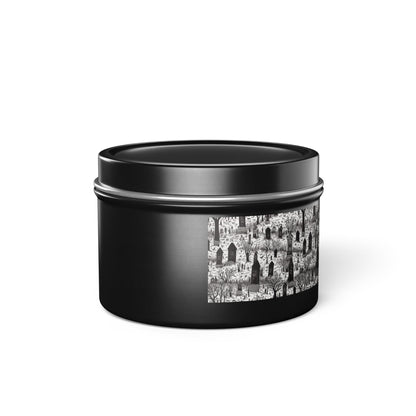 Spooky Gothic Cemetery Chic Halloween Tin Candle. Haunted Elegance, Travel Size. Available in 2 sizes, 3 finishes, and 5 scents.