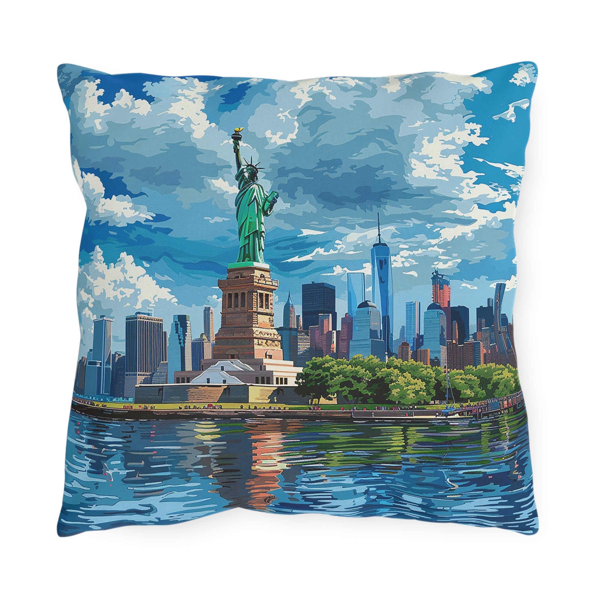 Statue of Liberty Square Outdoor Pillow - Spun Polyester - Double-Sided Print - UV-Resistant - Water Resistant - Available in 3 sizes.