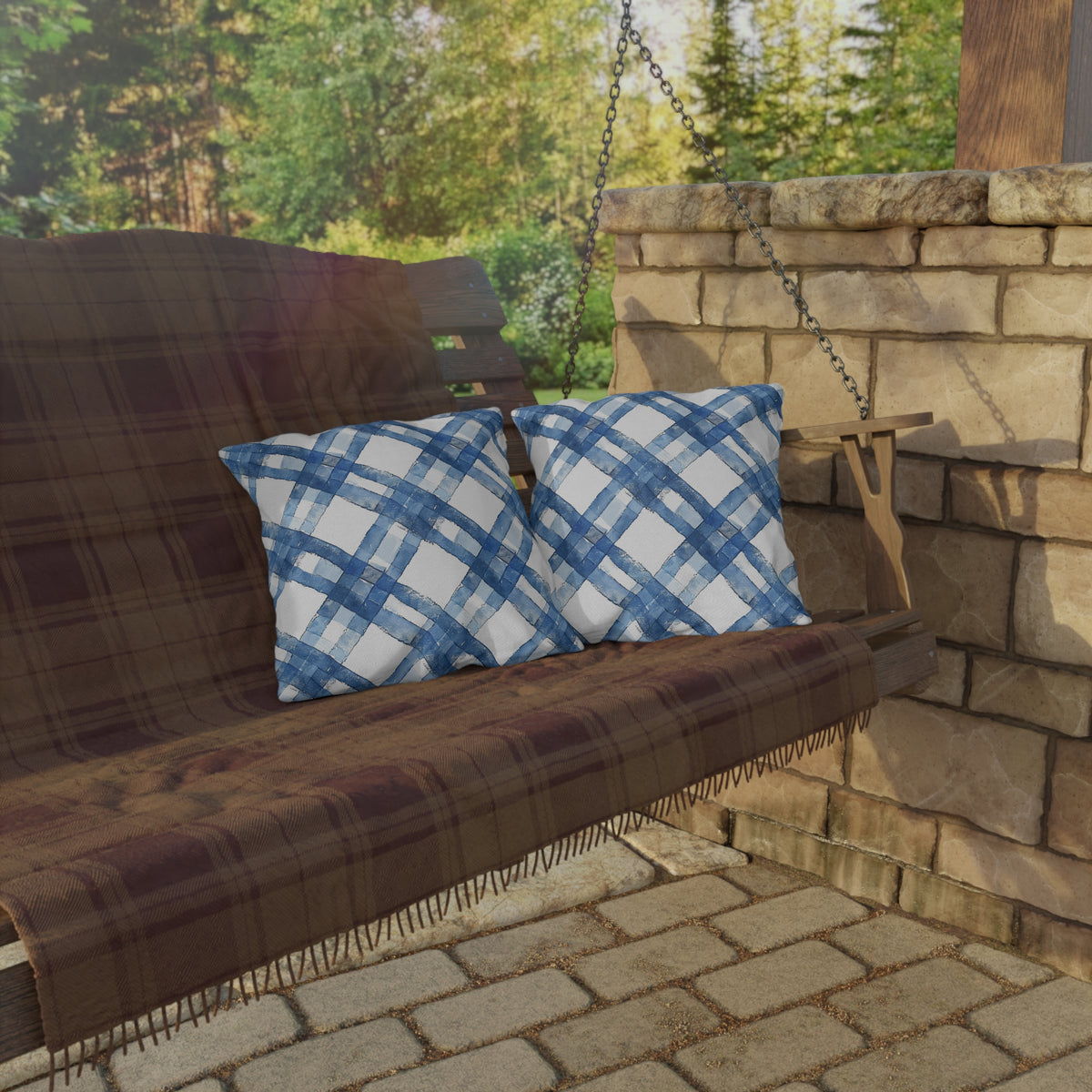 Blue Breeze Gingham Square Outdoor Pillow - Spun Polyester - Double-Sided Print - UV-Resistant - Water-Resistant - Available in 3 sizes.