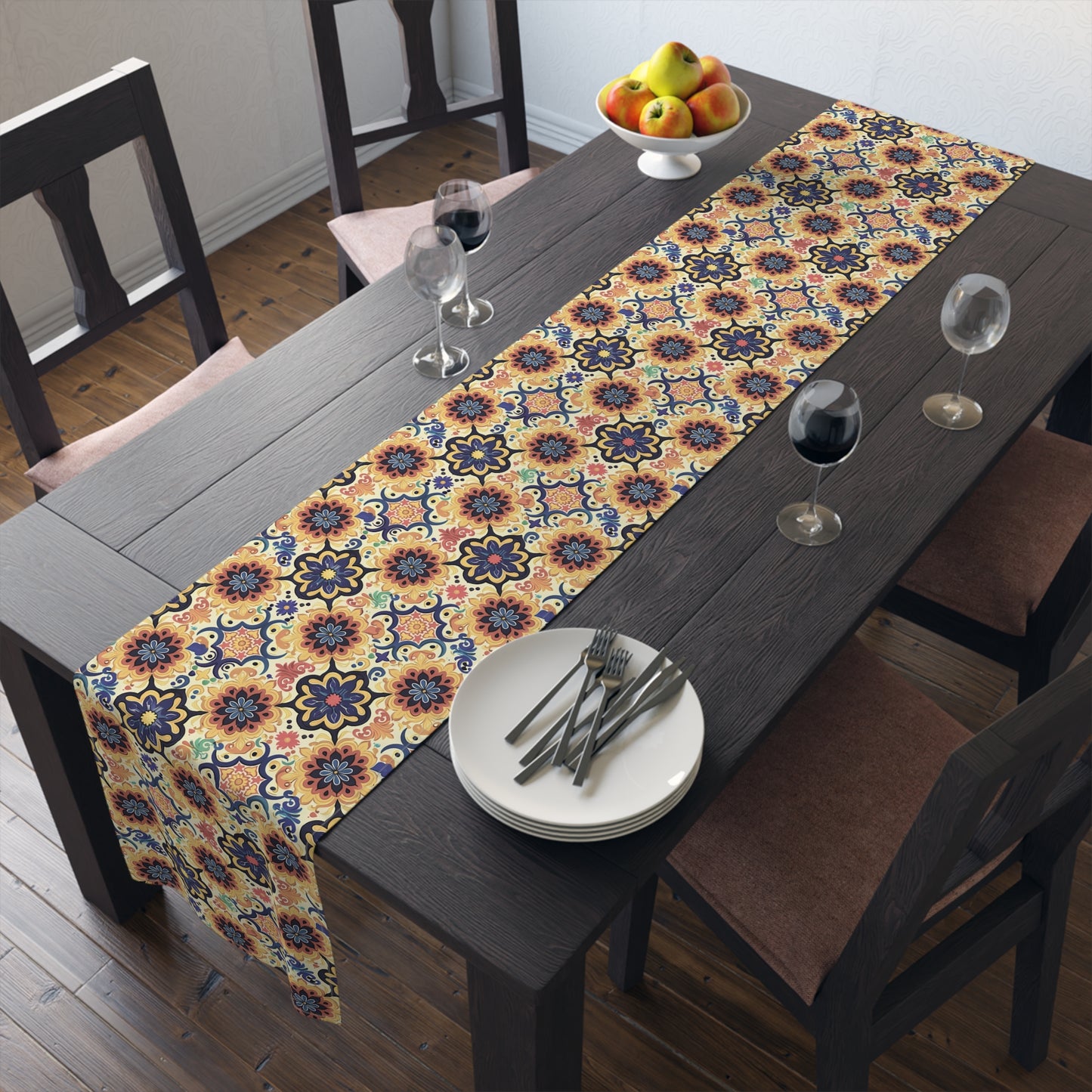 Majorcan Mosaic Splendor Table Runner - Cotton Twill - Available in 2 sizes: 16" x 72" and 16" x 90".