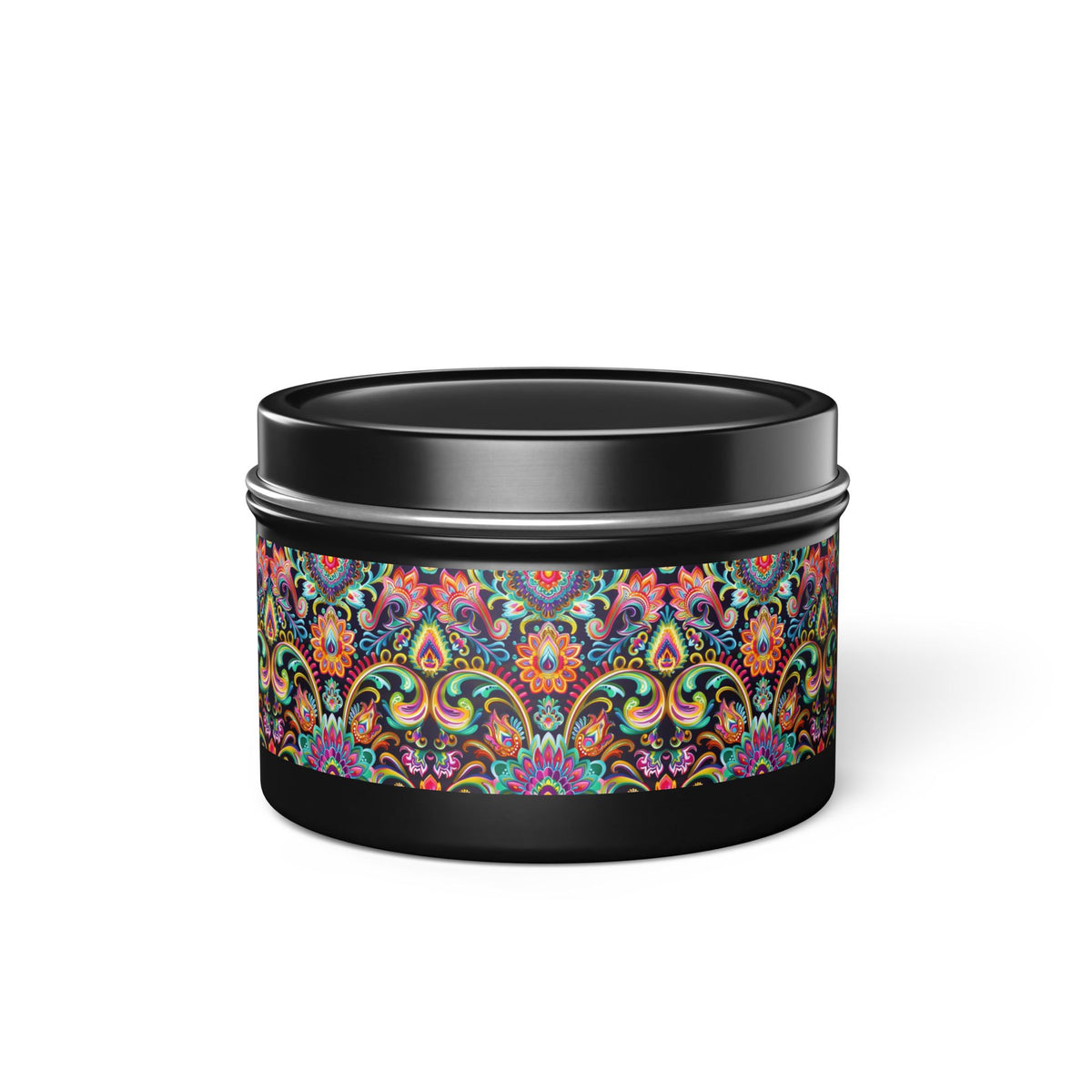 Electric Damask Tin Candle. Timeless Scrollwork, Electric Soul. Available in 2 sizes, 3 finishes, and 5 scents.