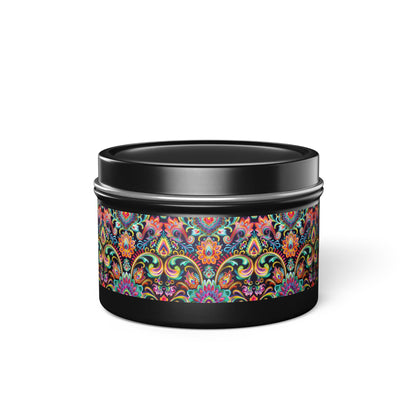 Electric Damask Tin Candle. Timeless Scrollwork, Electric Soul. Available in 2 sizes, 3 finishes, and 5 scents.
