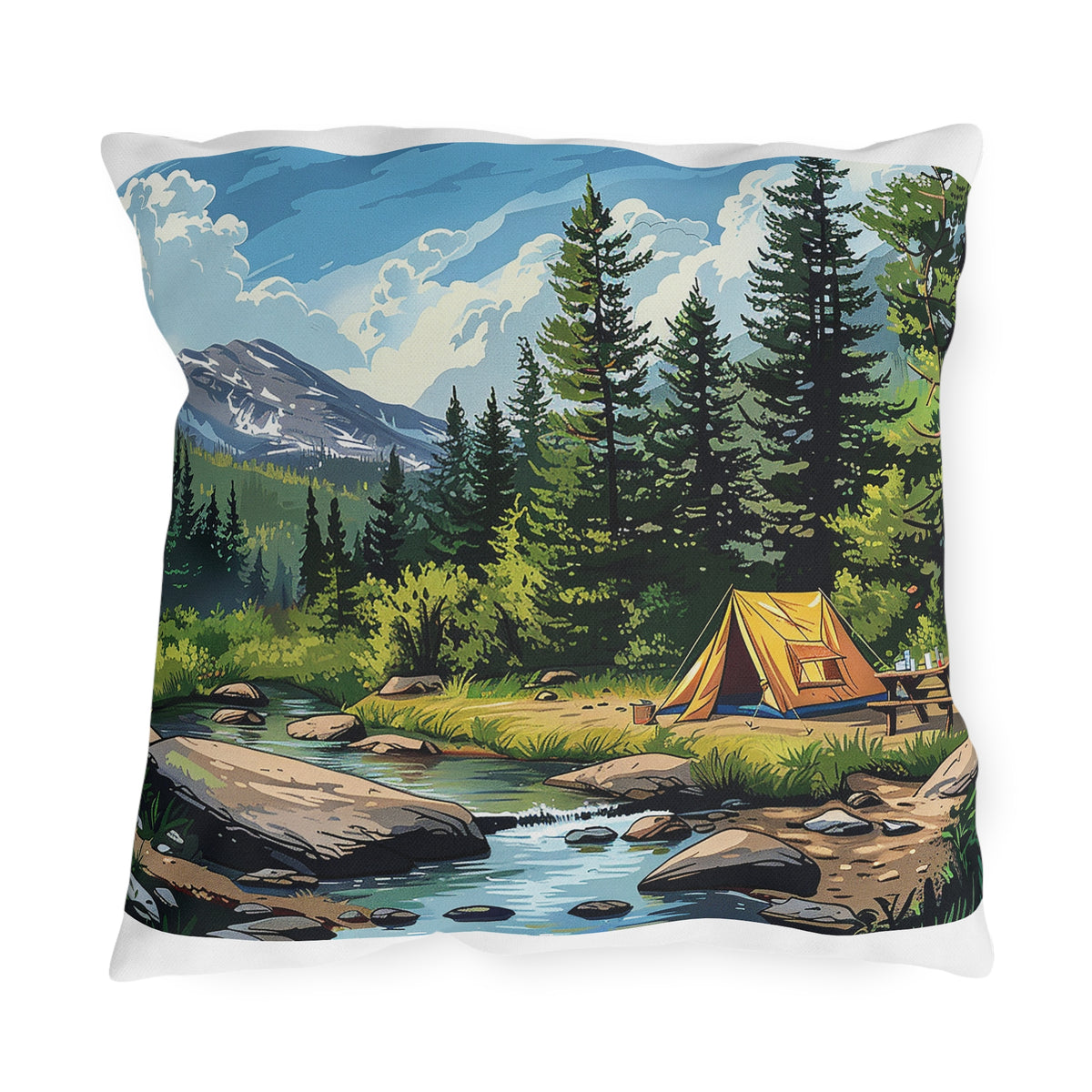 High Sierras Camp Square Outdoor Pillow - Spun Polyester - Double-Sided Print - UV-Resistant - Water-Resistant - Available in 3 sizes.