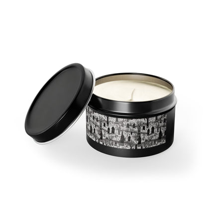 Spooky Gothic Cemetery Chic Halloween Tin Candle. Haunted Elegance, Travel Size. Available in 2 sizes, 3 finishes, and 5 scents.