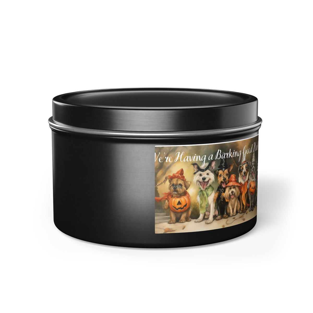 We're Having a Barking Good Halloween! Tin Candle. Spooky Treats in a Tin. Available in 2 sizes, 3 finishes, and 5 scents.