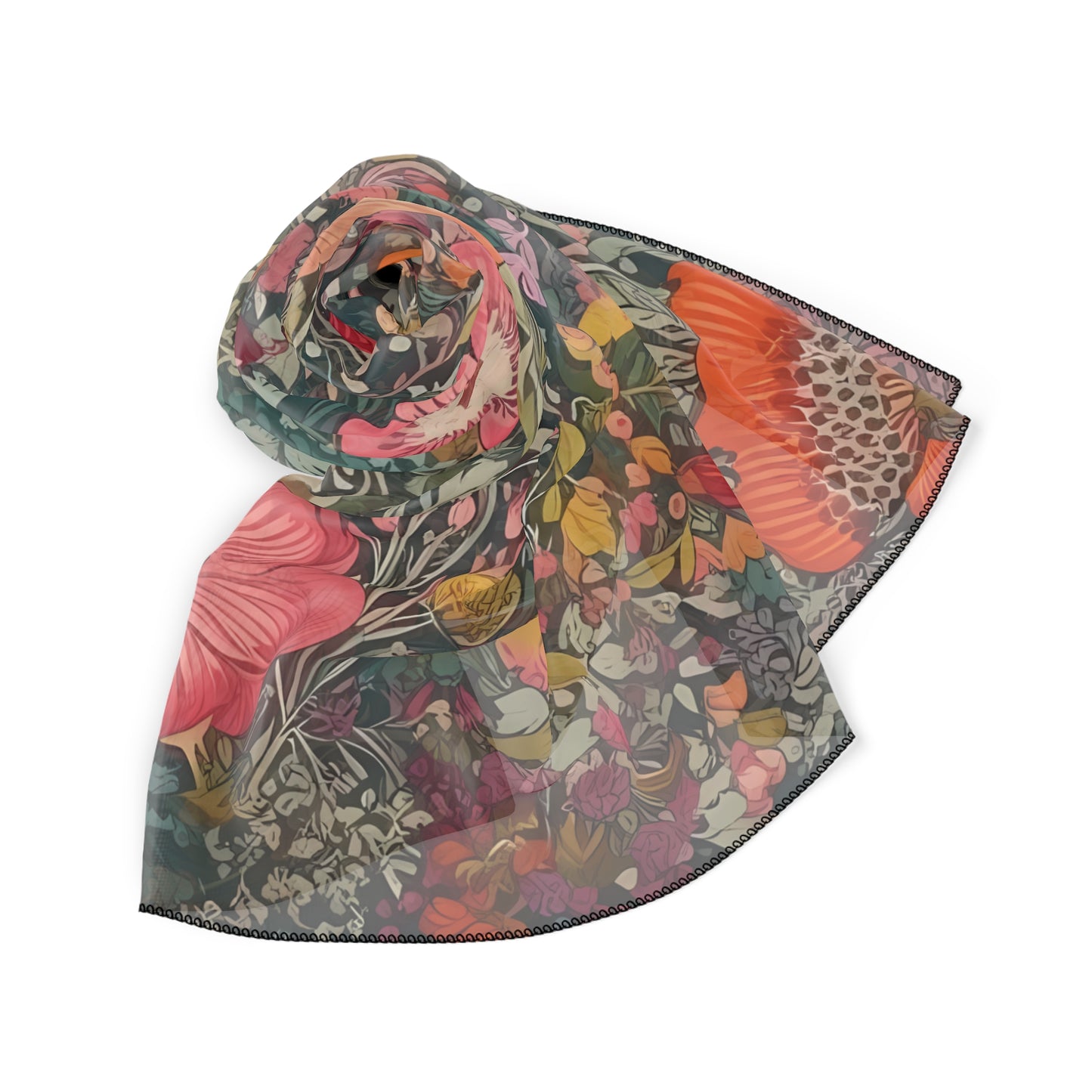 Renaissance Fall Floral Poly Voile Scarf. Classic silk scarf design in chocolates and peach. Available in 2 sizes: 25" x 25" or 50" x 50"