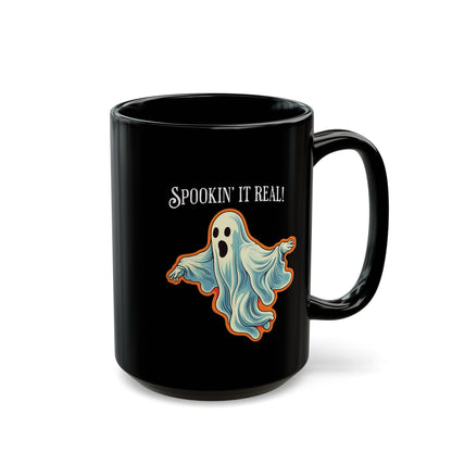Spookin it' Real Chic Retro Ghost Halloween Black Mug  - 11oz, 15oz - Start Your Day with a Ghostly Good Brew!