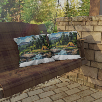High Sierras Camp Square Outdoor Pillow - Spun Polyester - Double-Sided Print - UV-Resistant - Water-Resistant - Available in 3 sizes.