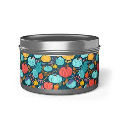 Fall Pumpkin Dance Tin Candle. Autumn's Dance in a Tin. Available in 2 sizes, 3 finishes, and 5 scents.