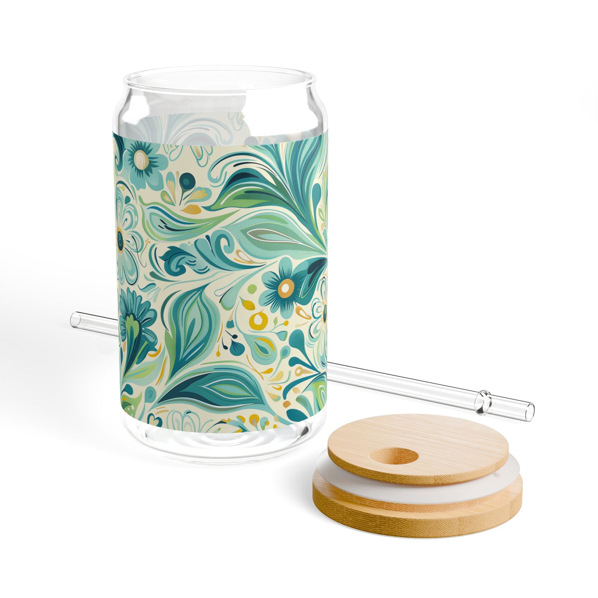 Whimsical Teal Floral Garden Sipper Glass Tumbler - 16 oz - Sip in Nature's Enchanting Hues!