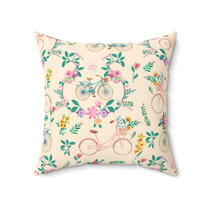 Spring Bicycle Square Throw Pillow - Spun Polyester - Double-Sided Print - Concealed Zipper - Available in 4 sizes