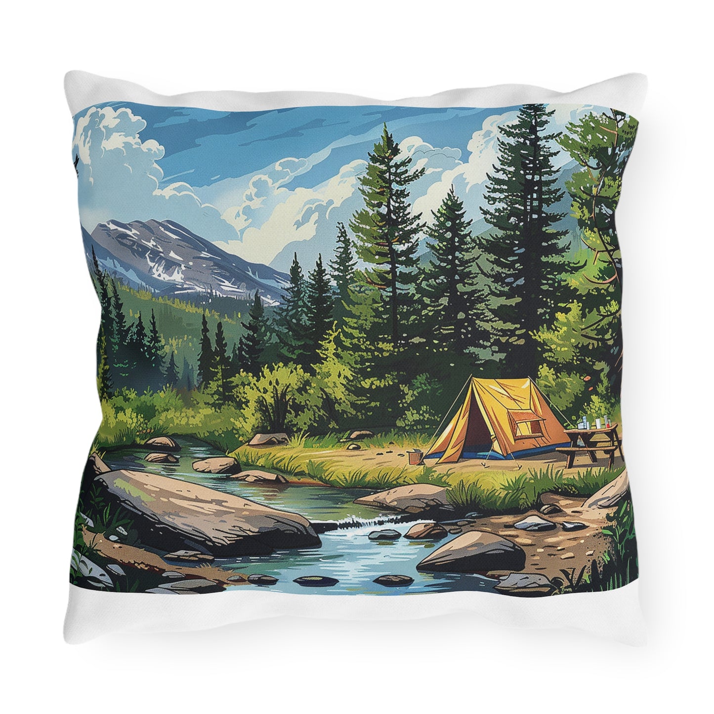 High Sierras Camp Square Outdoor Pillow - Spun Polyester - Double-Sided Print - UV-Resistant - Water-Resistant - Available in 3 sizes.
