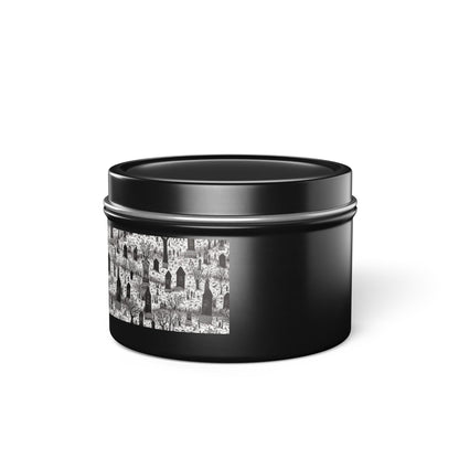 Spooky Gothic Cemetery Chic Halloween Tin Candle. Haunted Elegance, Travel Size. Available in 2 sizes, 3 finishes, and 5 scents.