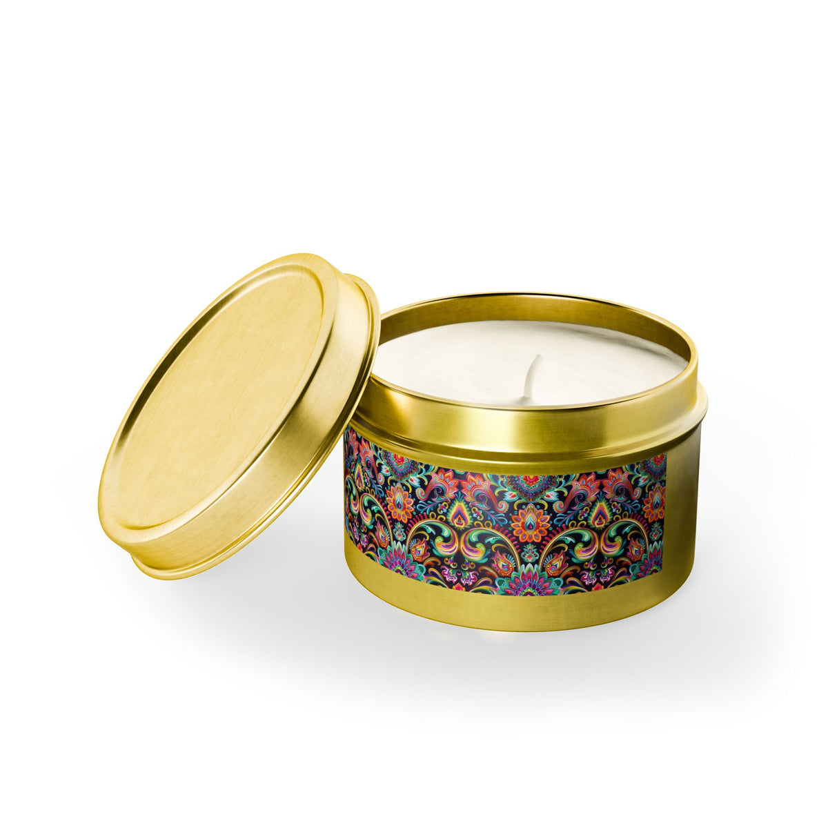 Electric Damask Tin Candle. Timeless Scrollwork, Electric Soul. Available in 2 sizes, 3 finishes, and 5 scents.