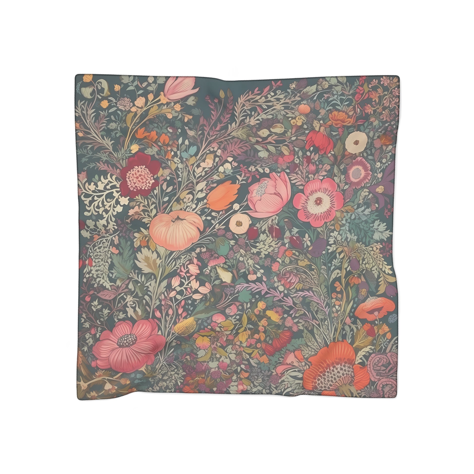 Renaissance Fall Floral Poly Voile Scarf. Classic silk scarf design in chocolates and peach. Available in 2 sizes: 25" x 25" or 50" x 50"
