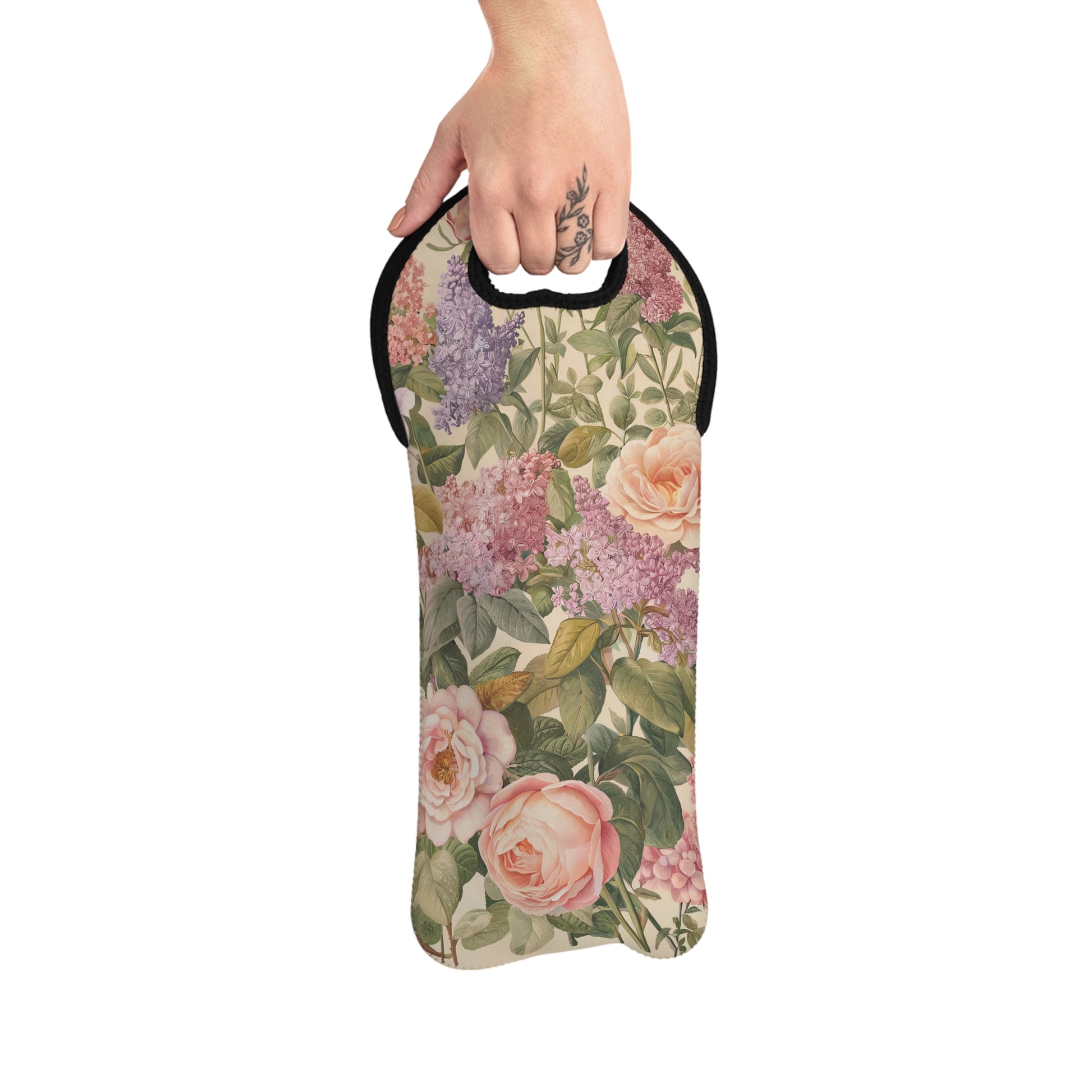 Lilac & Rose Blossom Elegance Wine Tote Bag - 100% Neoprene - Carry Timeless Floral Beauty with every Pour!