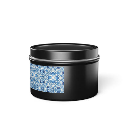 Dutch Blue Tile Tin Candle. Delft Calm, Travel Size. Available in 2 sizes, 3 finishes, and 5 scents.