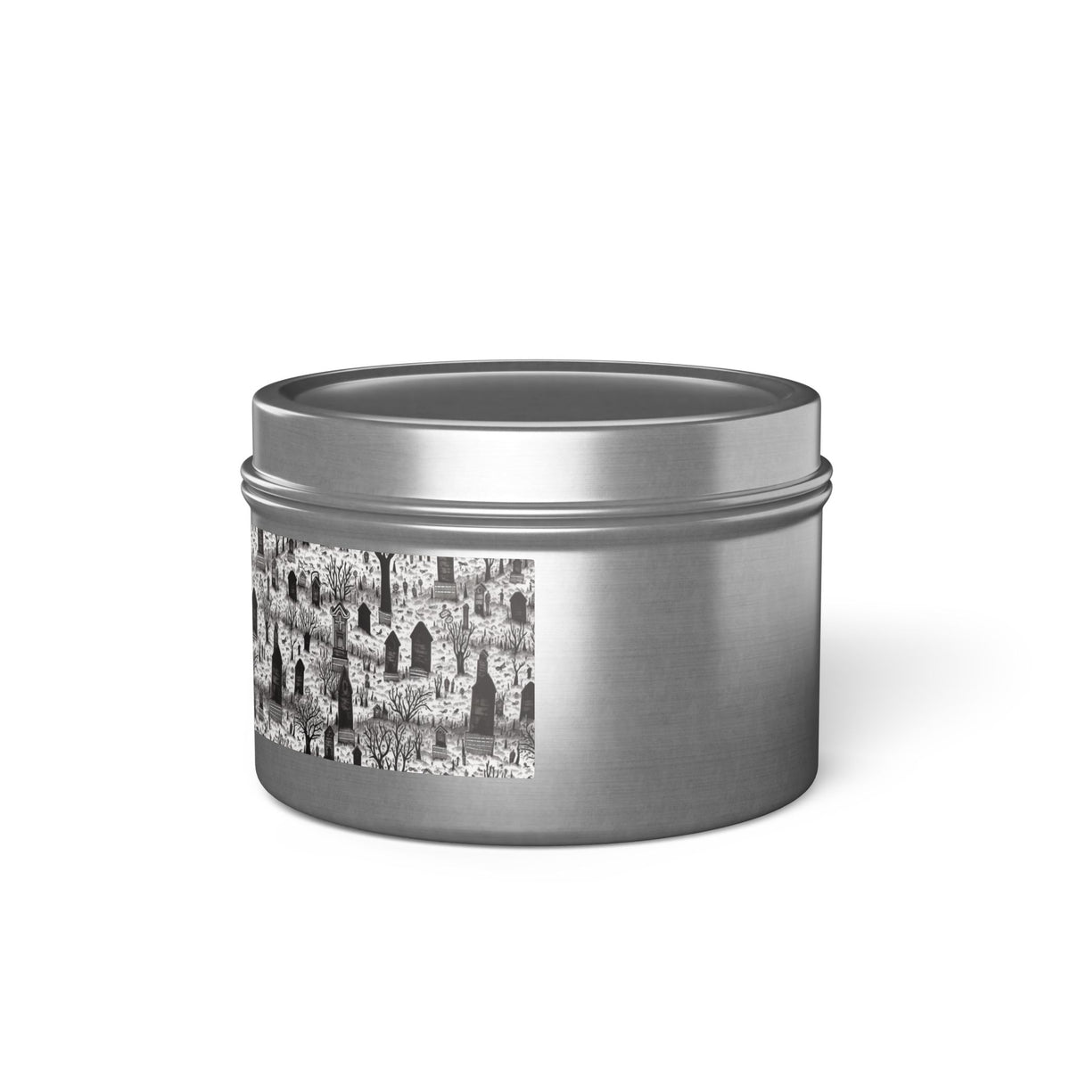 Spooky Gothic Cemetery Chic Halloween Tin Candle. Haunted Elegance, Travel Size. Available in 2 sizes, 3 finishes, and 5 scents.
